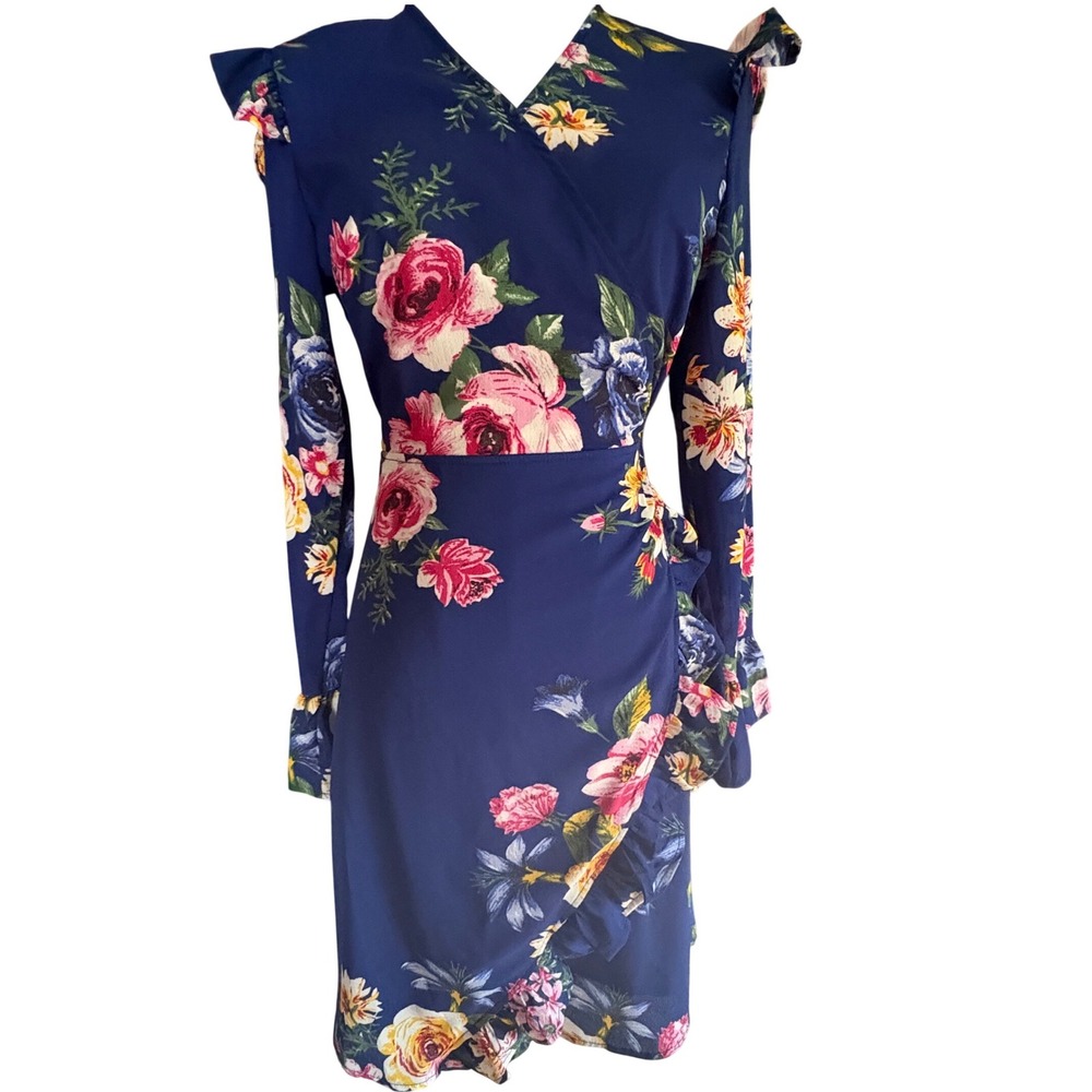 Ambition Navy Blue Floral Wrap Dress Ruffle Shoulder Long Sleeve DR-A354 Small
